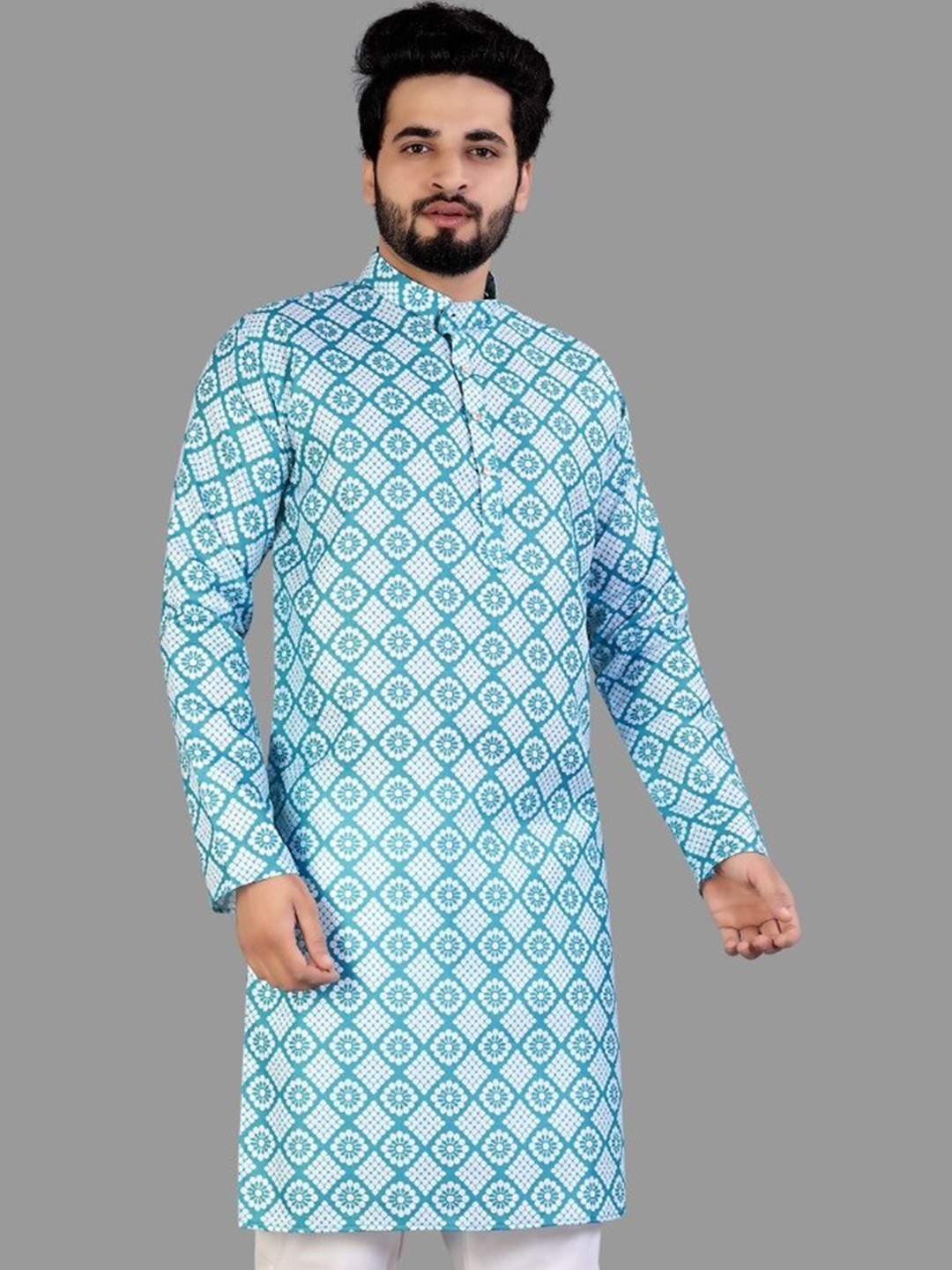 

CELLUX Geometric Checked Long Sleeves Kurta, Blue