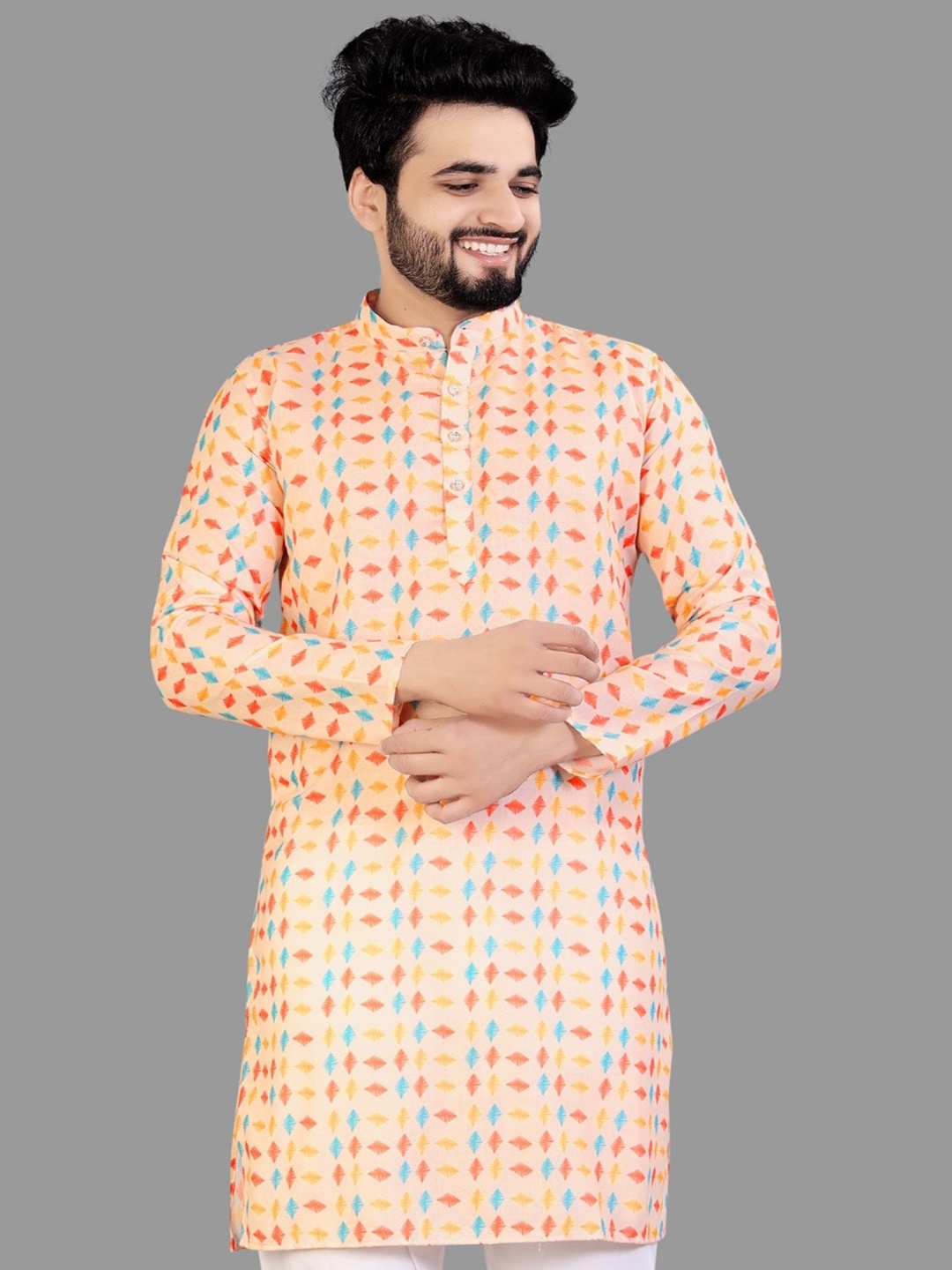 

CELLUX Multicoloured Geometric Checked Thread Work Kurta, Multi