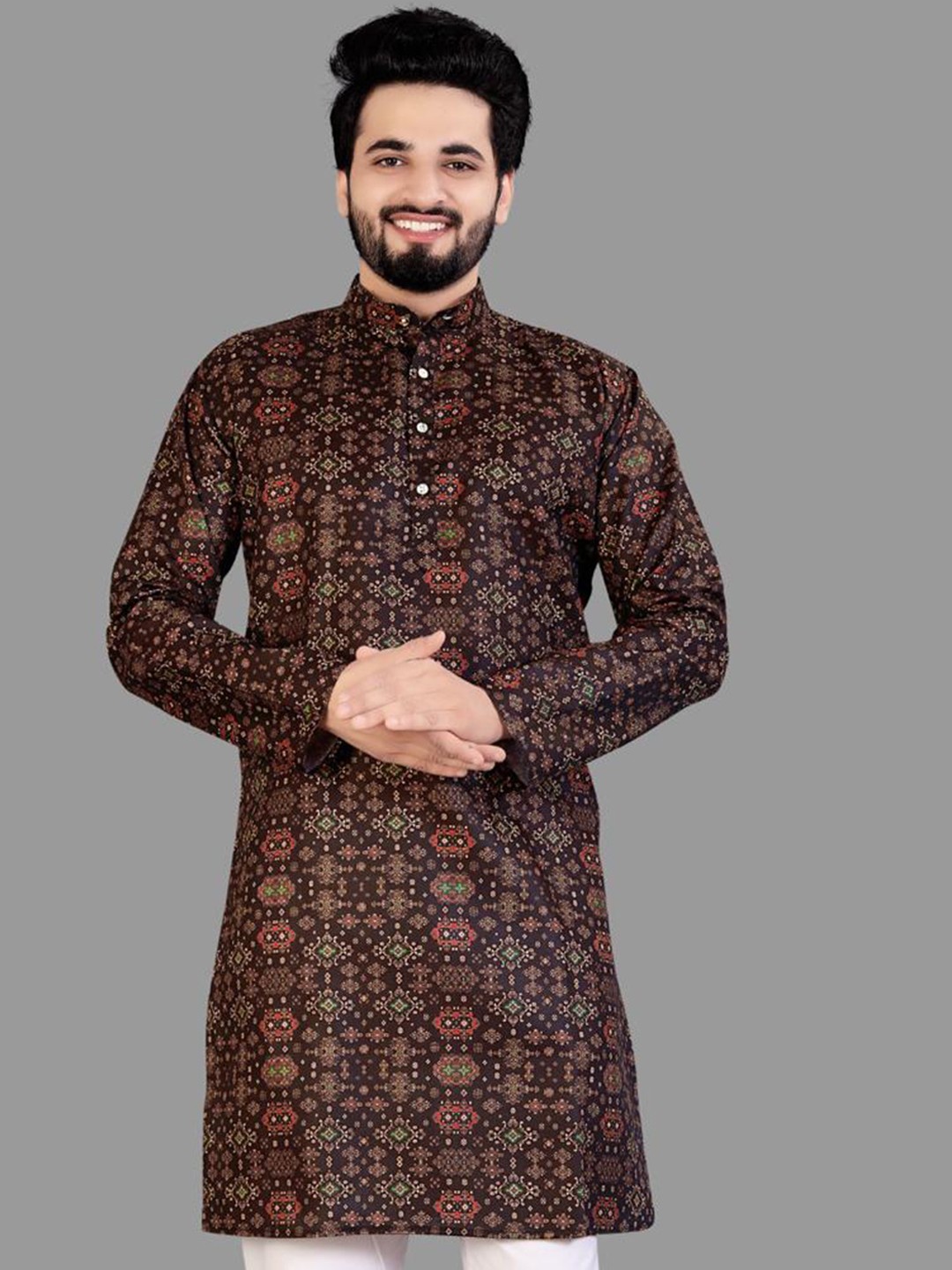 

CELLUX Woven Design Long Sleeves Mirror Work Kurta, Brown