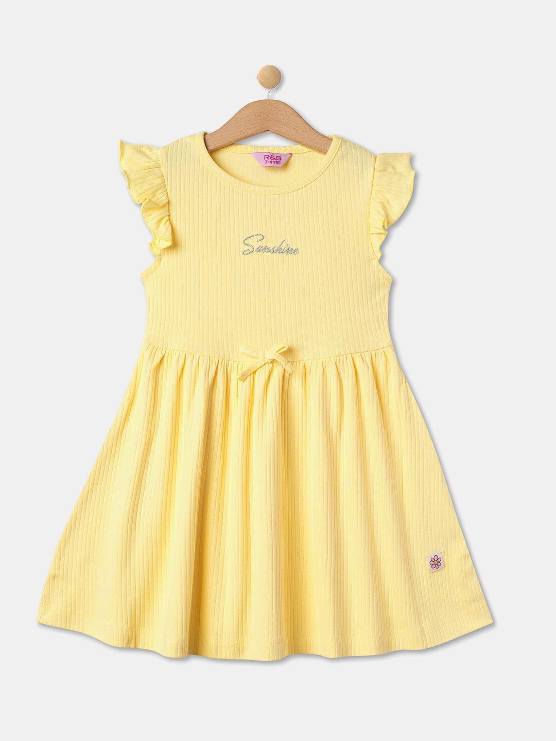 

R&B Girls Typography Printed Gathered & Pleated Cotton A-Line Dress, Yellow