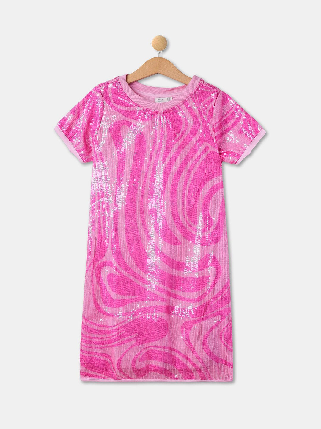 

R&B Girls Abstract Printed Embellished Sequinned T-Shirt Dress, Pink