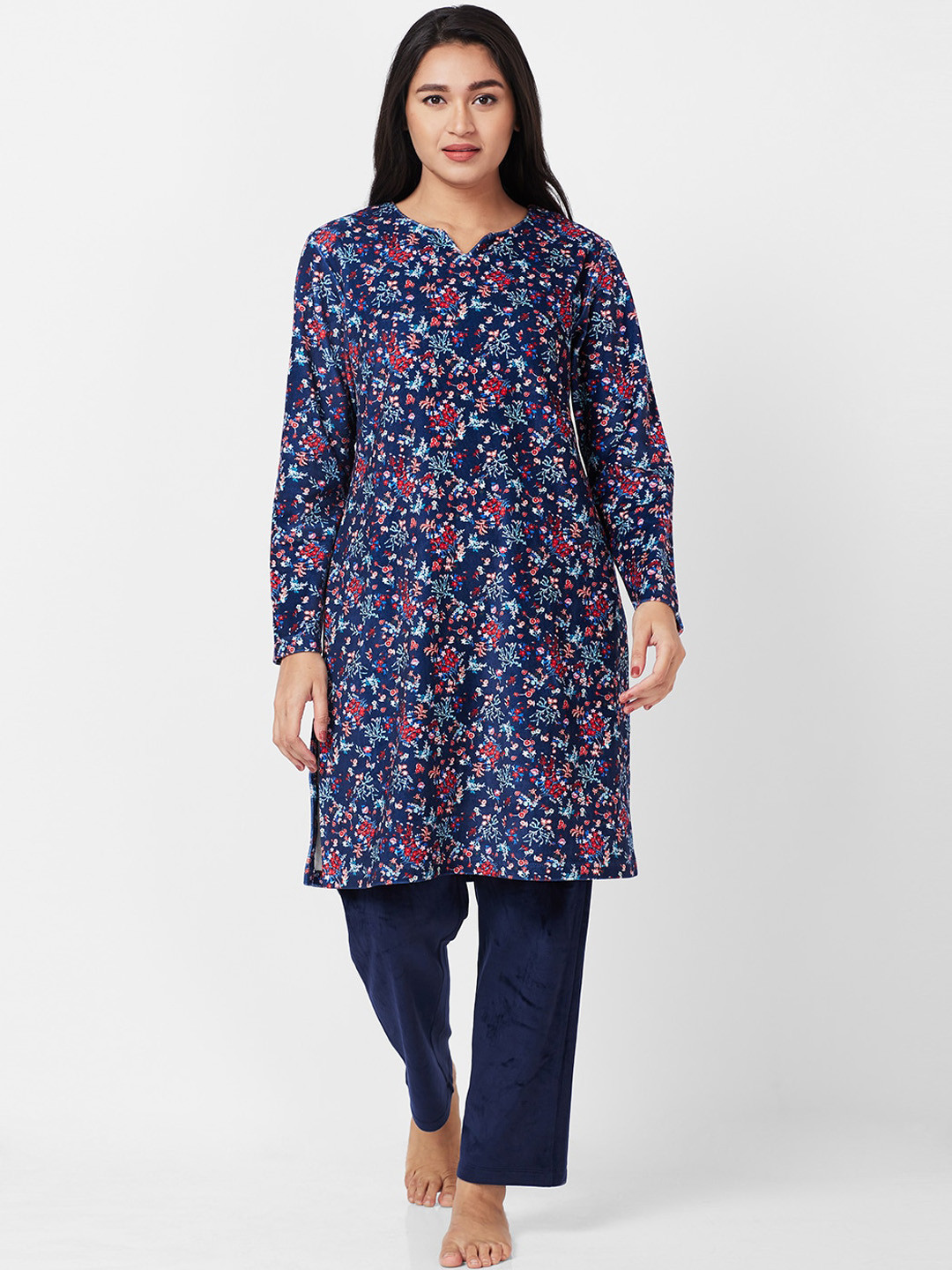

XIN Women Navy Blue & Pink Floral Printed Night suit