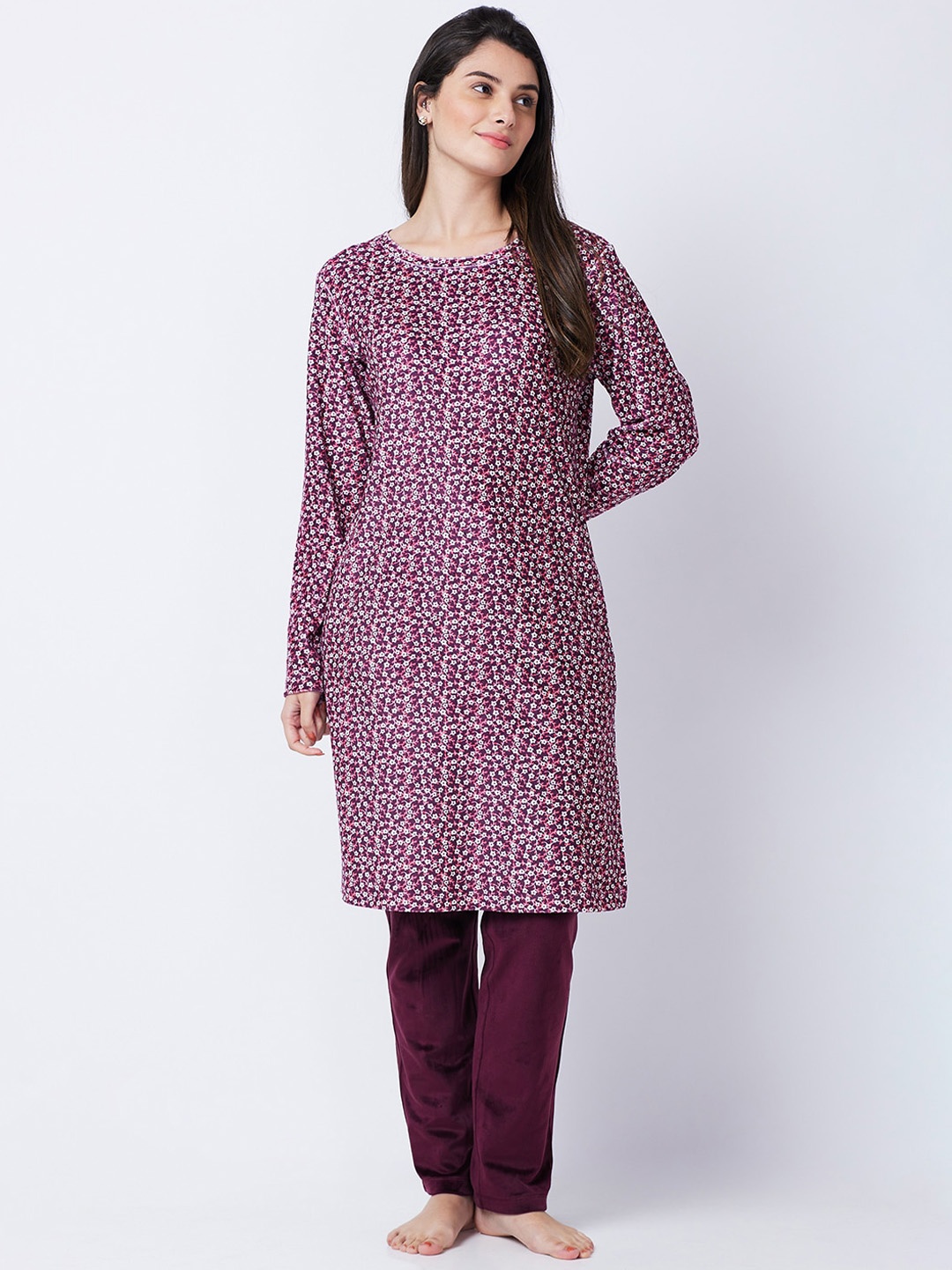 

XIN Women Burgundy & White Printed Night suit