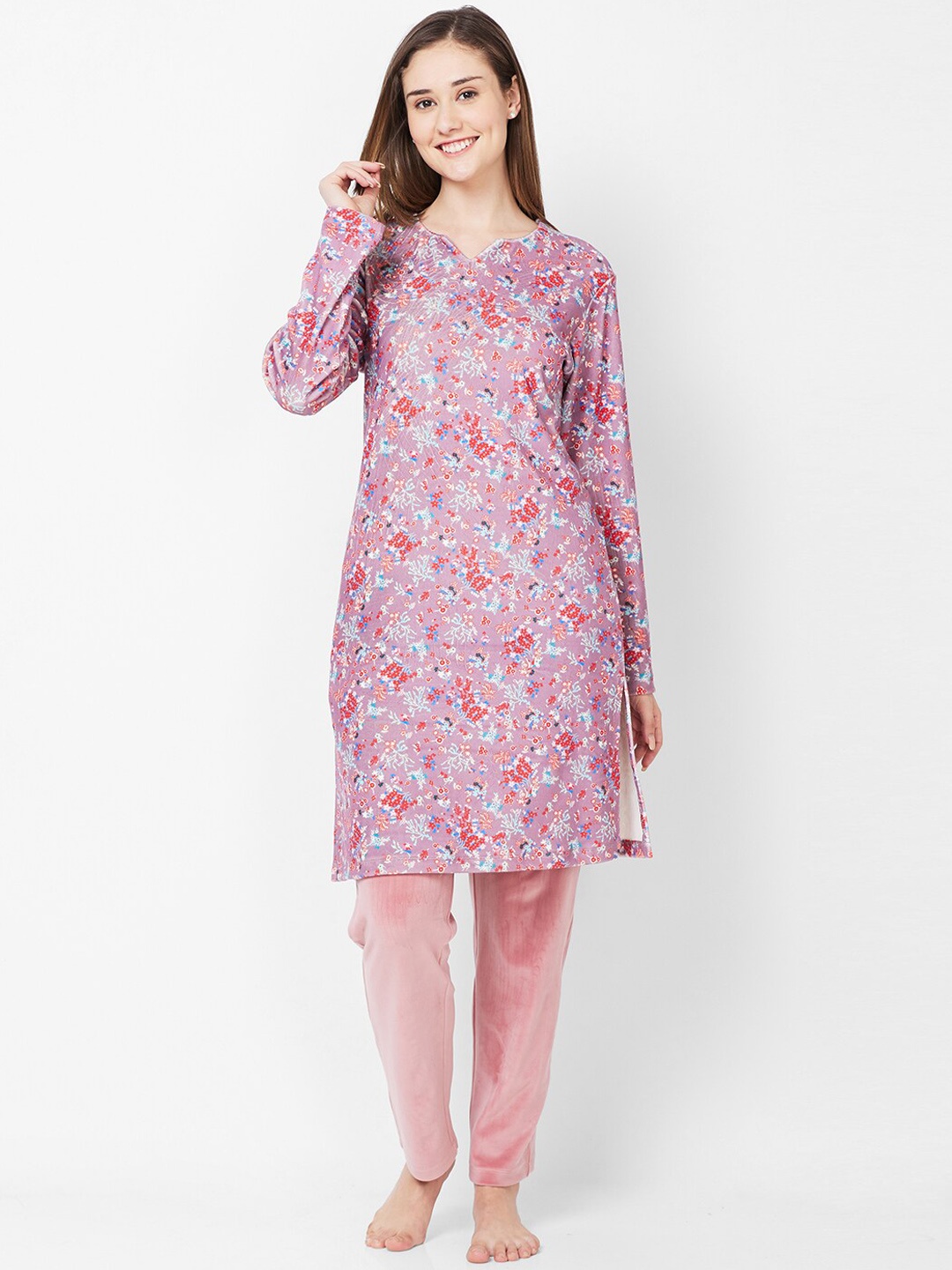 

XIN Women Pink & Blue Floral Printed Night suit