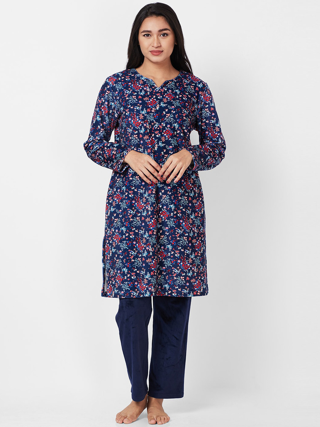 

XIN Women Floral Printed Night suit, Navy blue