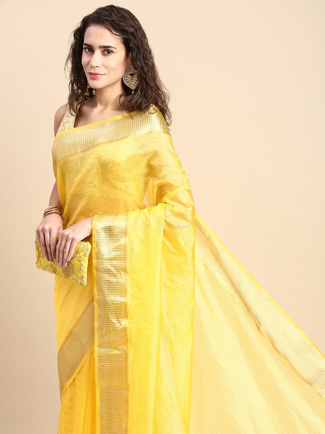 

VISHNU WEAVES Striped Zari Organza Saree, Yellow
