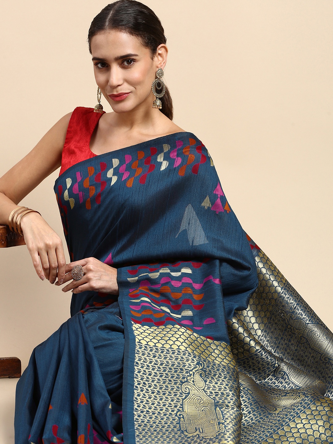 VISHNU WEAVES Woven Design Zari Banarasi Saree, Navy blue