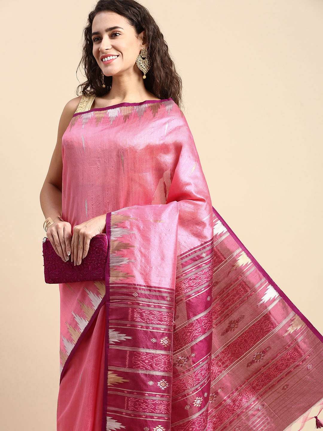 VISHNU WEAVES Woven Design Banarasi Saree, Pink