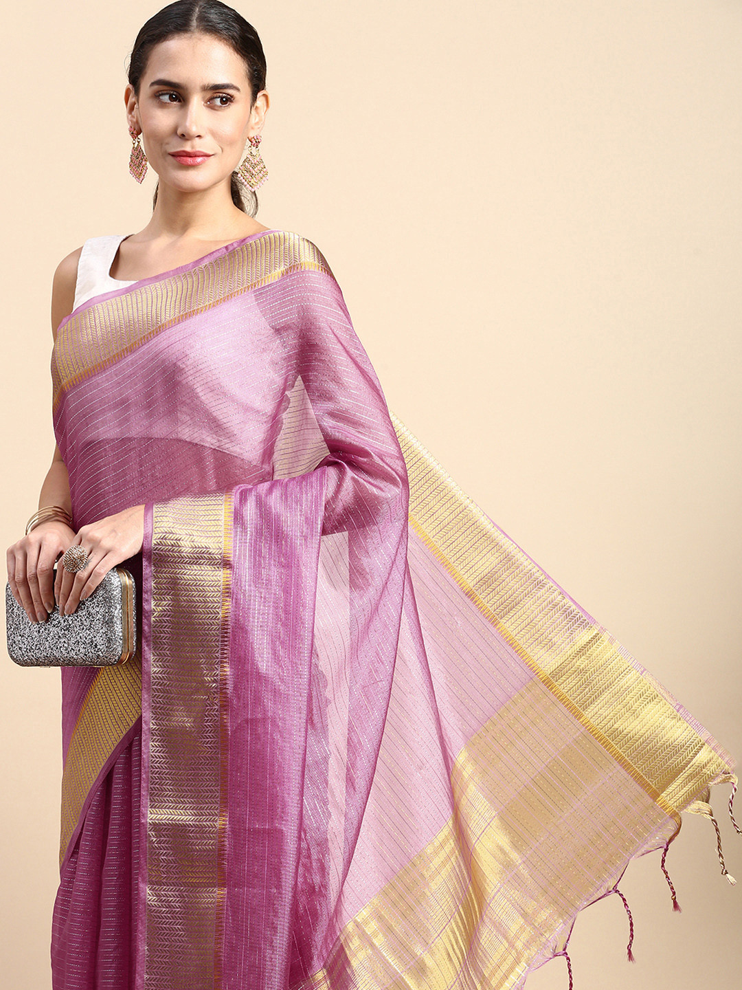

VISHNU WEAVES Striped Zari Organza Saree, Purple