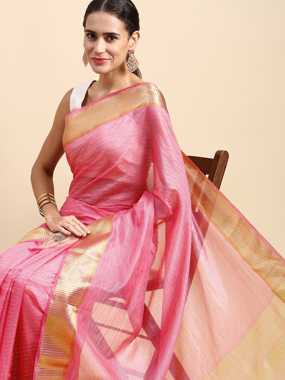 VISHNU WEAVES Striped Zari Organza Saree, Pink