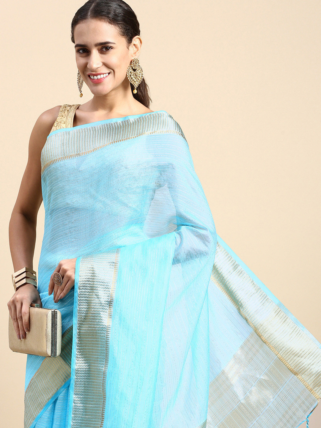 

VISHNU WEAVES Striped Zari Organza Saree, Turquoise blue