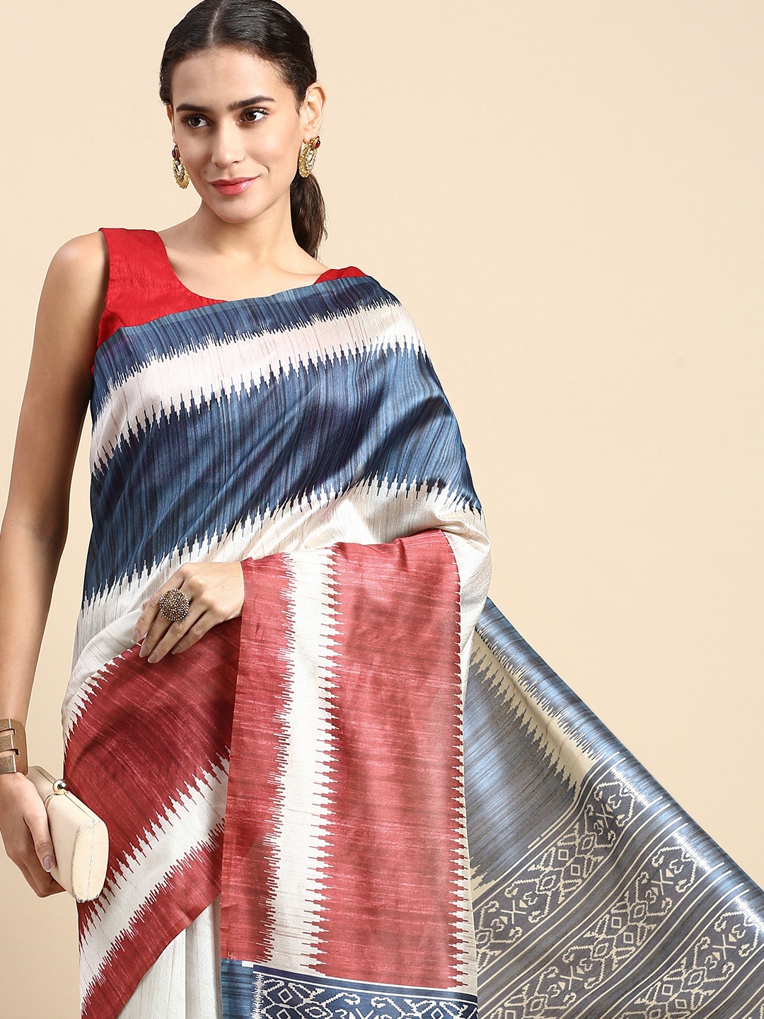 VISHNU WEAVES Abstract Printed Tussar Saree, Navy blue