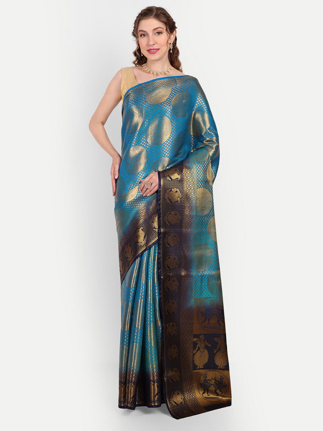 

Paramparik Textile Ethnic Motifs Woven Design Zari Pure Silk Banarasi Saree, Blue