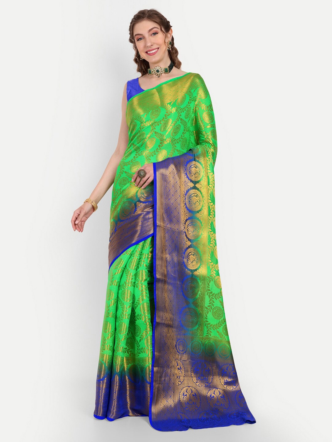 

Paramparik Textile Ethnic Motifs Woven Design Zari Pure Silk Banarasi Saree, Lime green