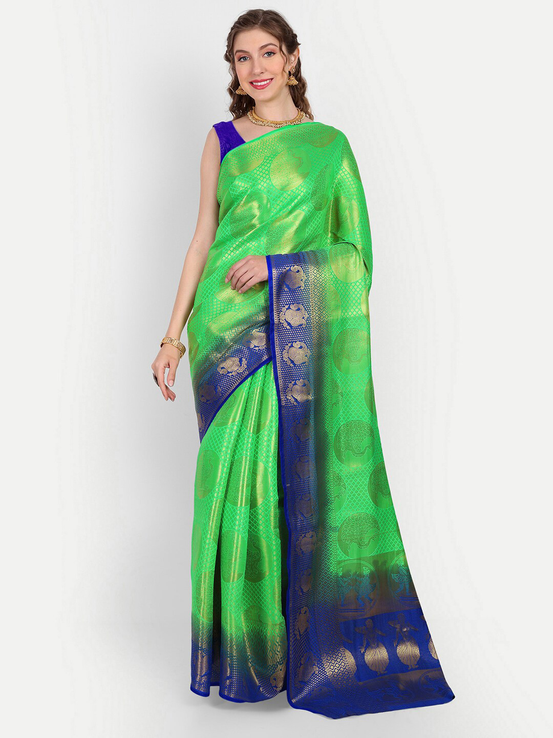 

Paramparik Textile Ethnic Motifs Woven Design Zari Pure Silk Banarasi Saree, Lime green