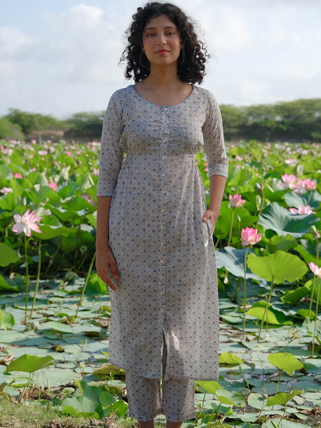 

OKHAI Floral Printed Embroidered Pure Cotton Kurta With Trousers, Grey