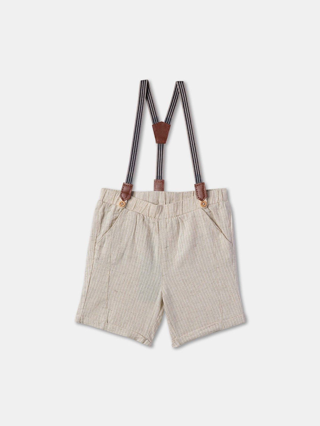 

R&B Infant Boys Mid-Rise Striped Cotton Shorts With Suspenders, Beige