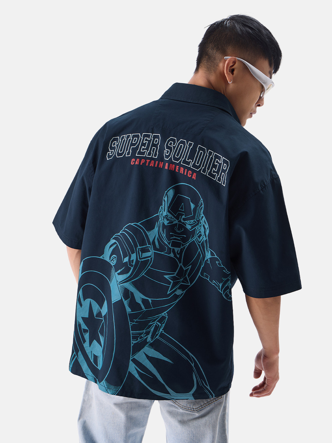 

The Souled Store Navy Blue Oversized Captain America Printed Pure Cotton Casual Shirt