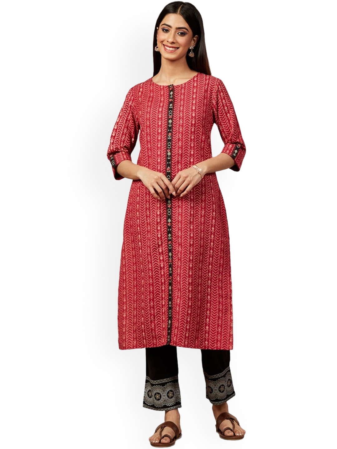 

IMARA Geometric Printed A-Line Kurta, Red