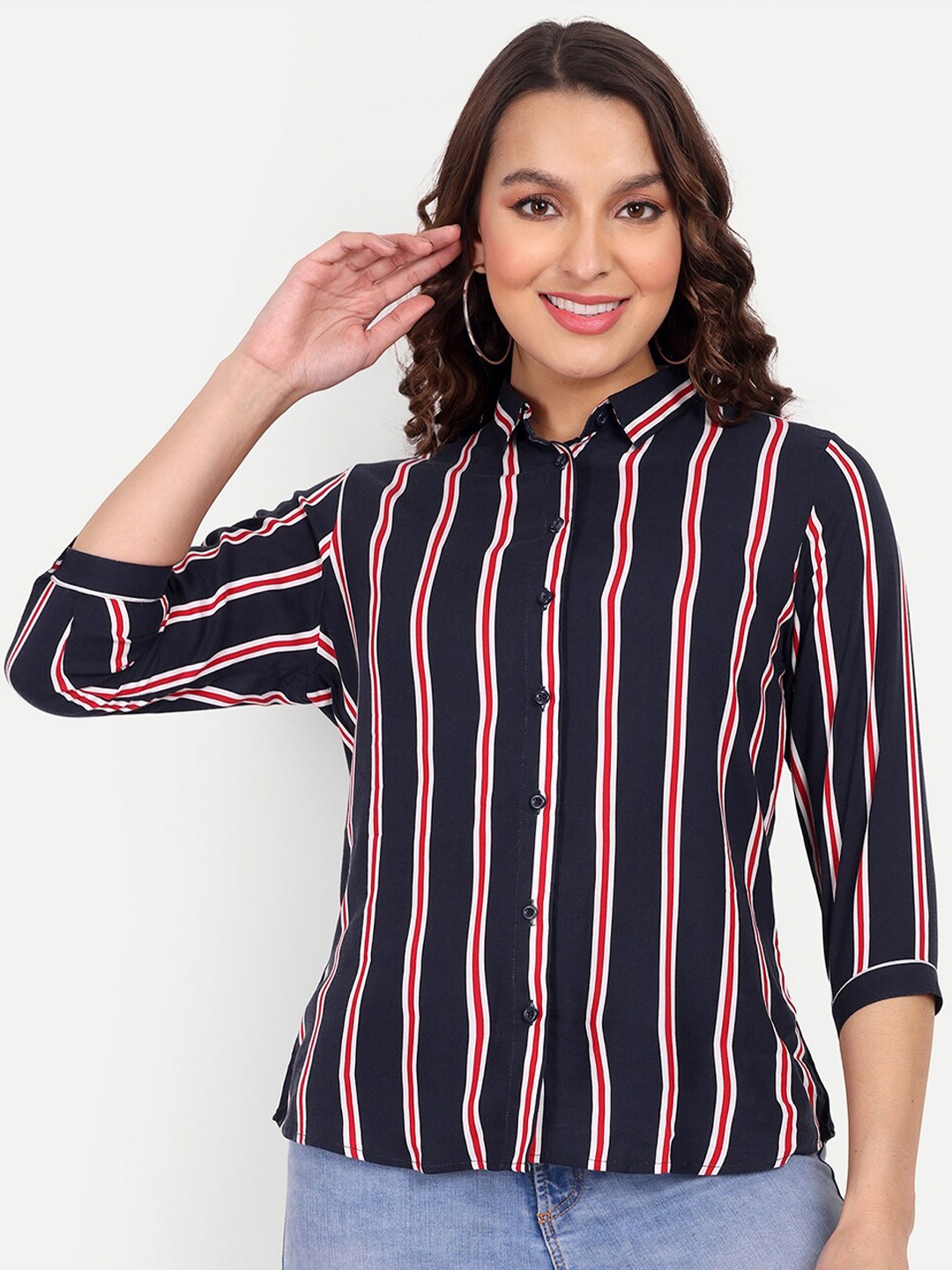 

BAESD Regular Fit Vertical Stripes Spread Collar Casual Shirt, Navy blue