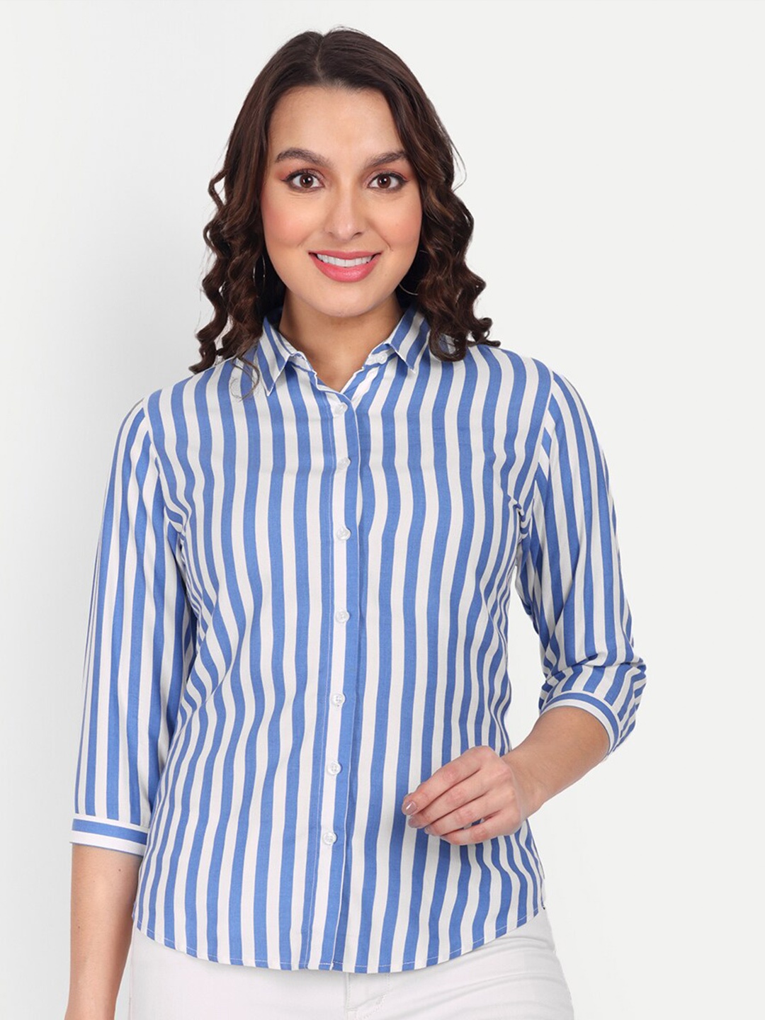 

BAESD Regular Fit Vertical Stripes Spread Collar Casual Shirt, Blue