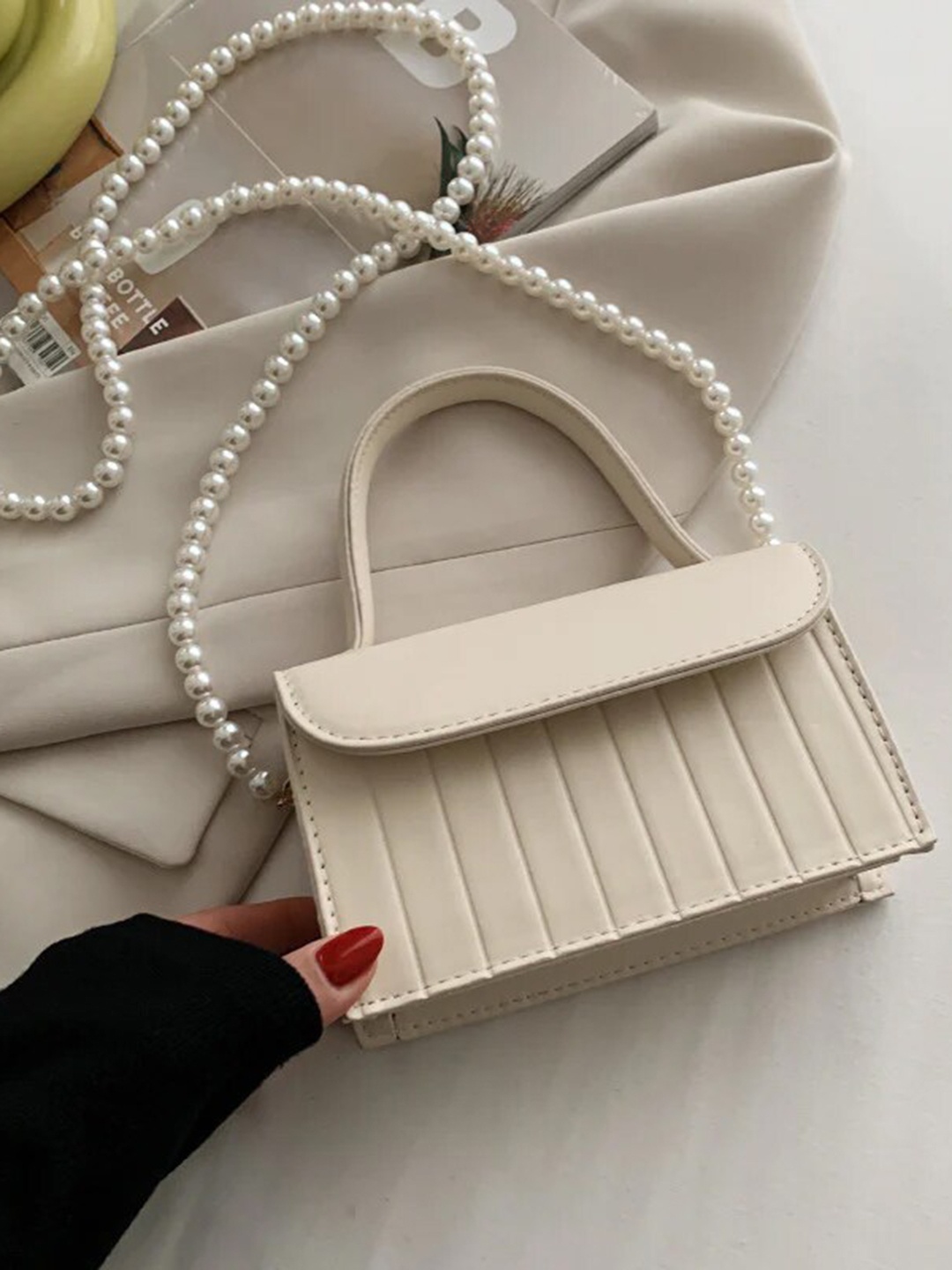 

Diana Korr Textured Structured Handheld Bag With Beaded Sling Strap, White