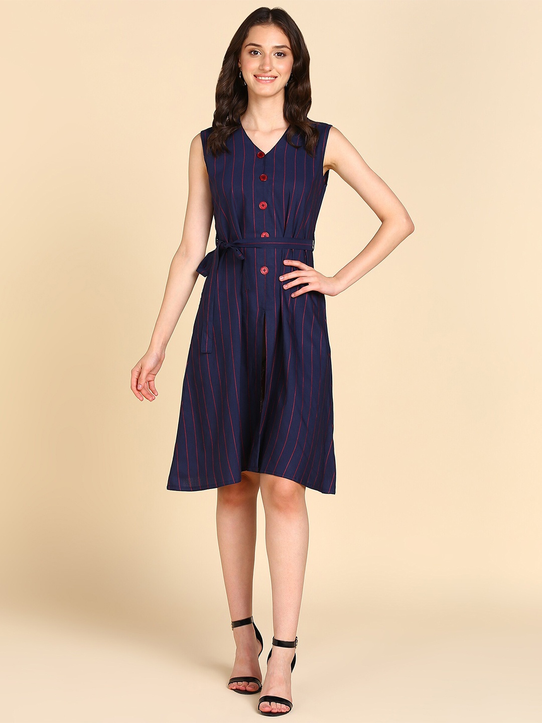 

BAESD Striped V-Necl A-Line Dress, Navy blue