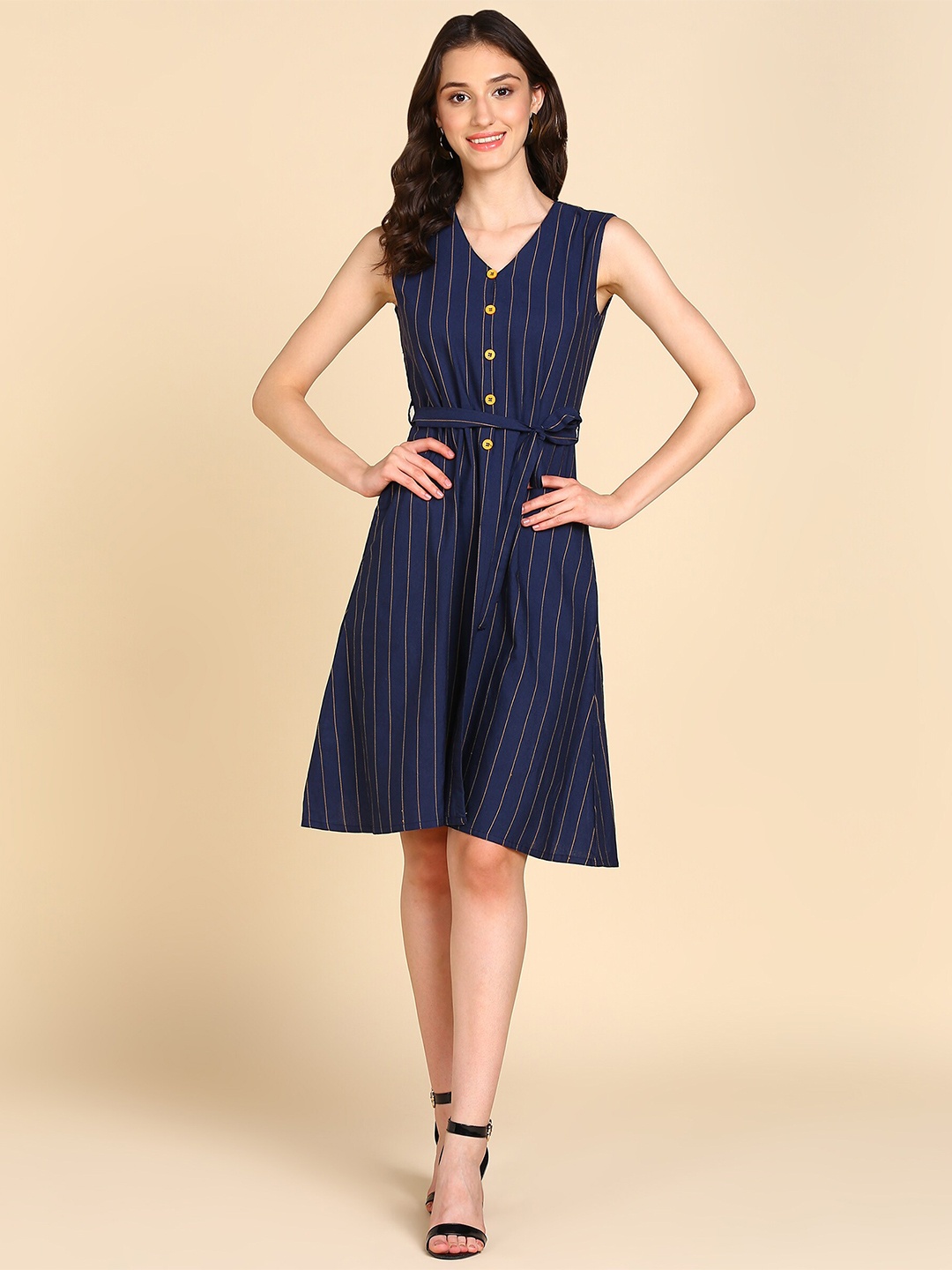 

BAESD Striped Sleeveess Crepe Belted A-Line Dress, Navy blue