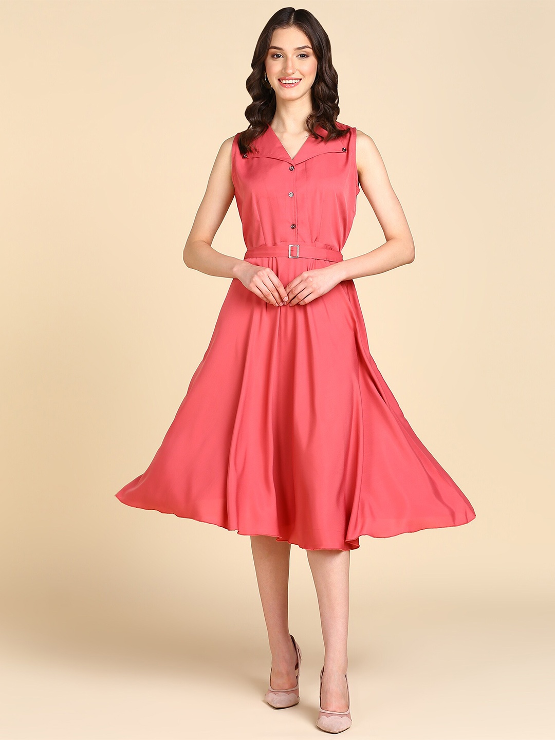 

BAESD Belt Detailed V-Neck A-Line Dress, Peach