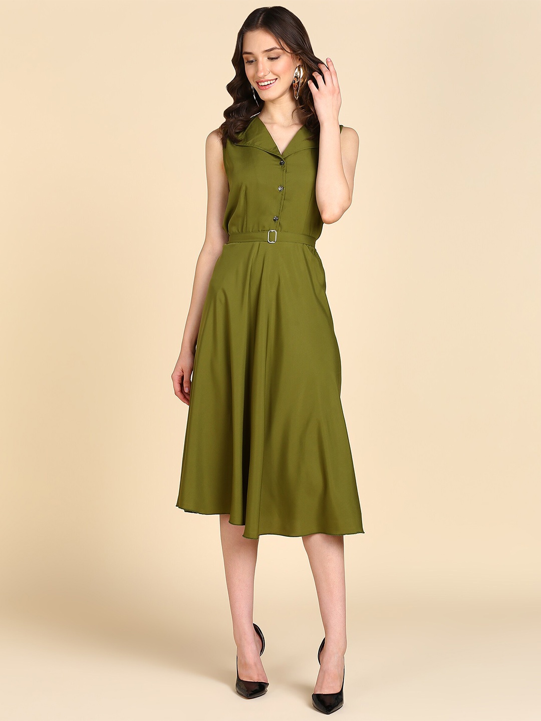 

BAESD Belt Detailed V-Neck A-Line Dress, Green