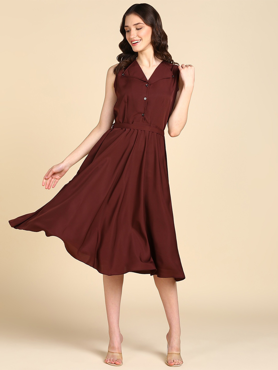 

BAESD V-Neck Sleeveless Crepe Fit & Flare Midi Dress, Brown