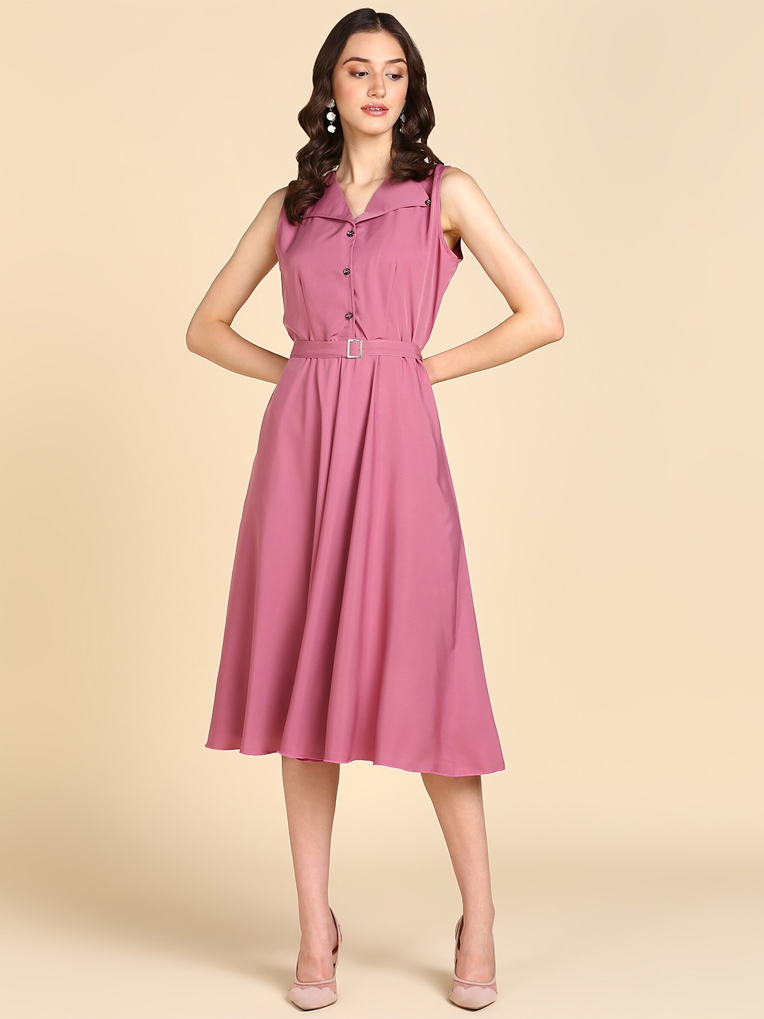 

BAESD Belt Detailed V-Neck A-Line Dress, Pink