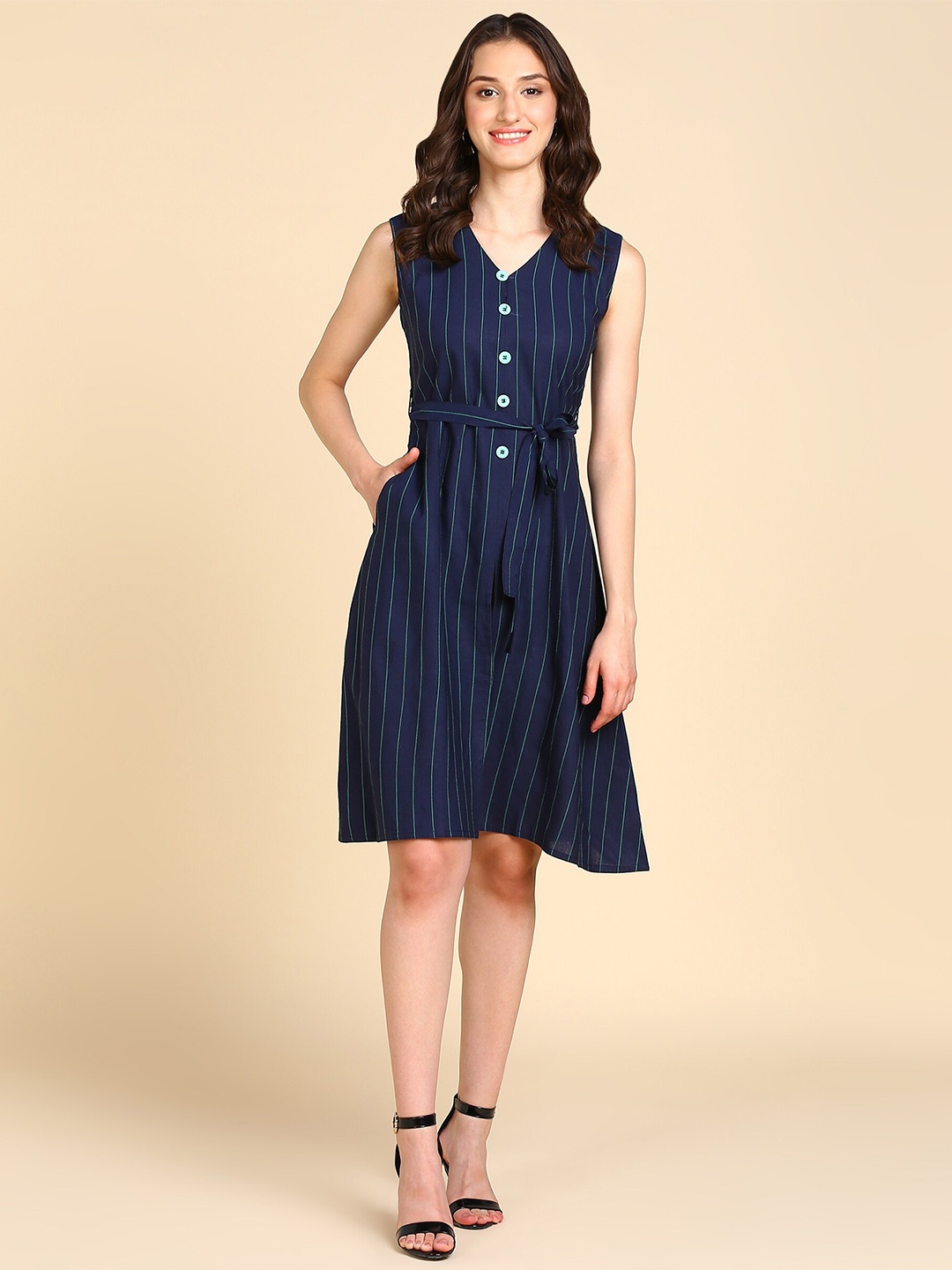 

BAESD V-Neck Striped A-Line Dress, Navy blue