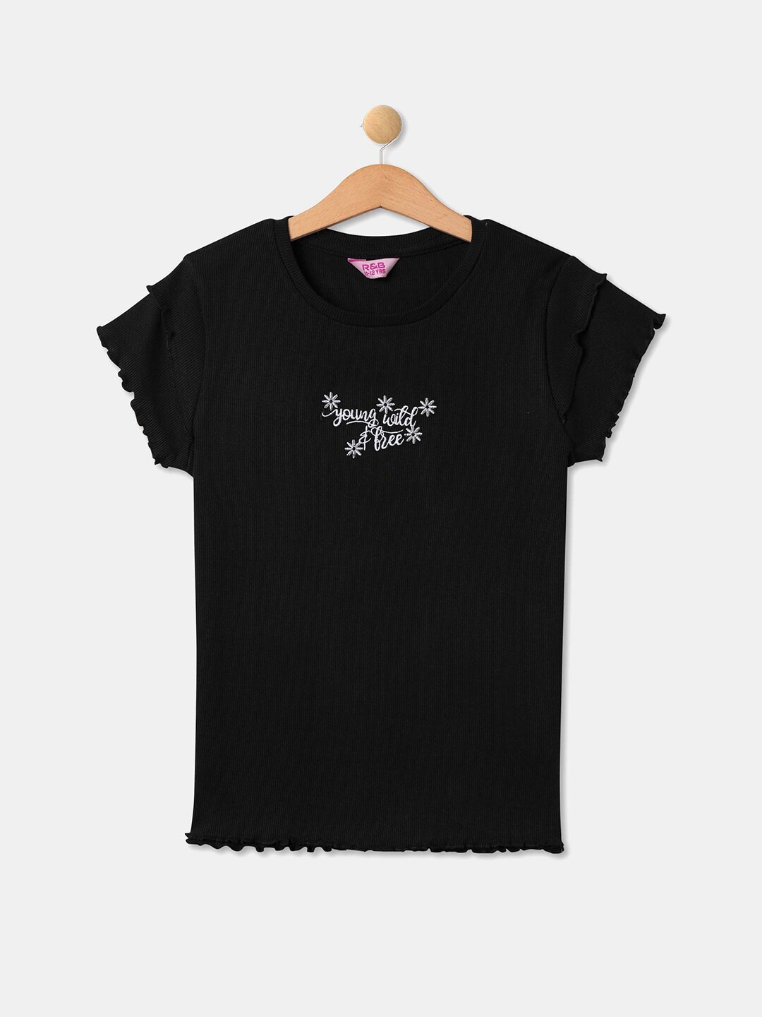 

R&B Girls Round Neck embroidered Pure Cotton Regular T-shirt, Black