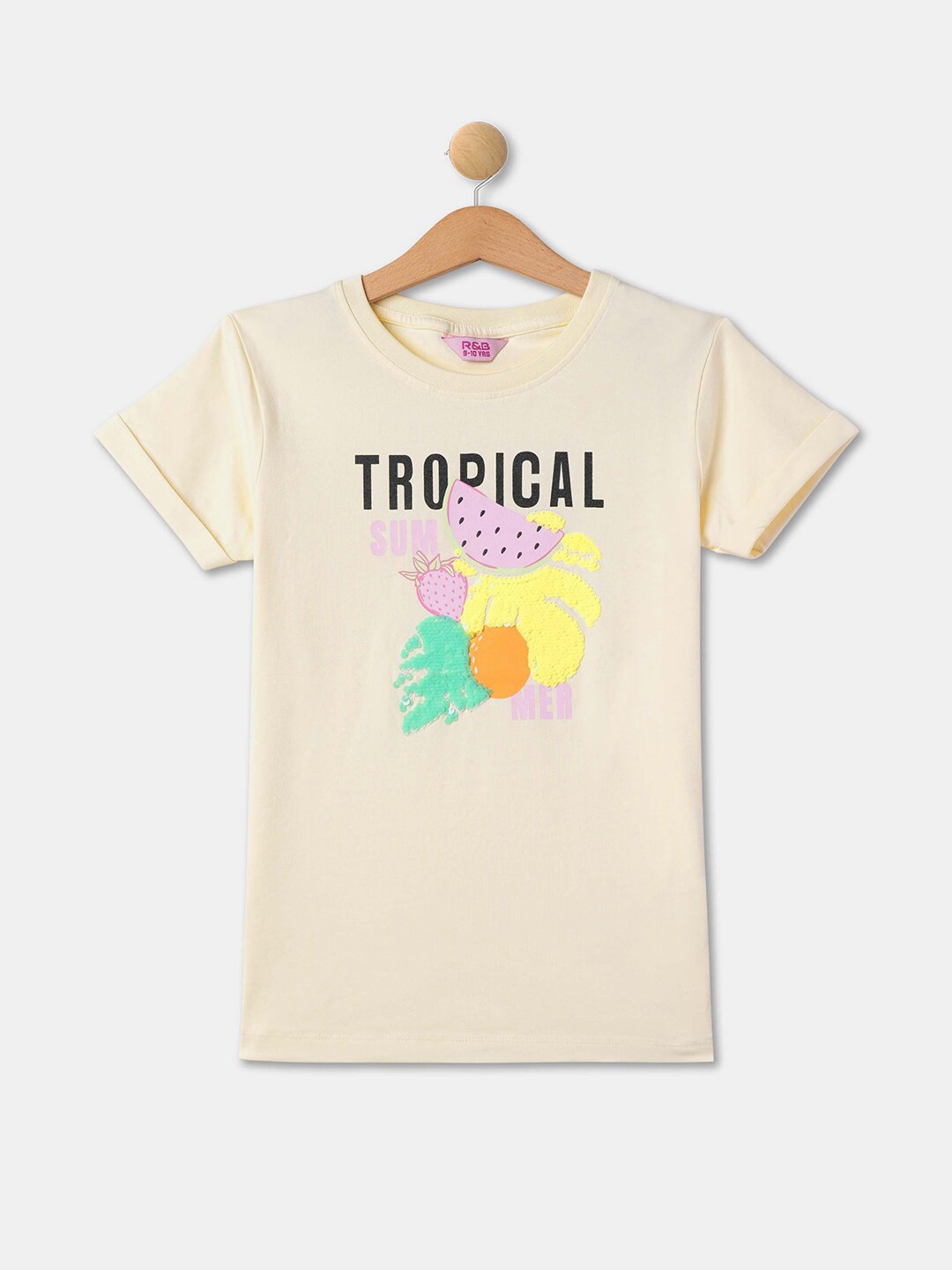 

R&B Girls Conversational Printed Round Neck Embellished Pure Cotton Regular T-shirt, Yellow