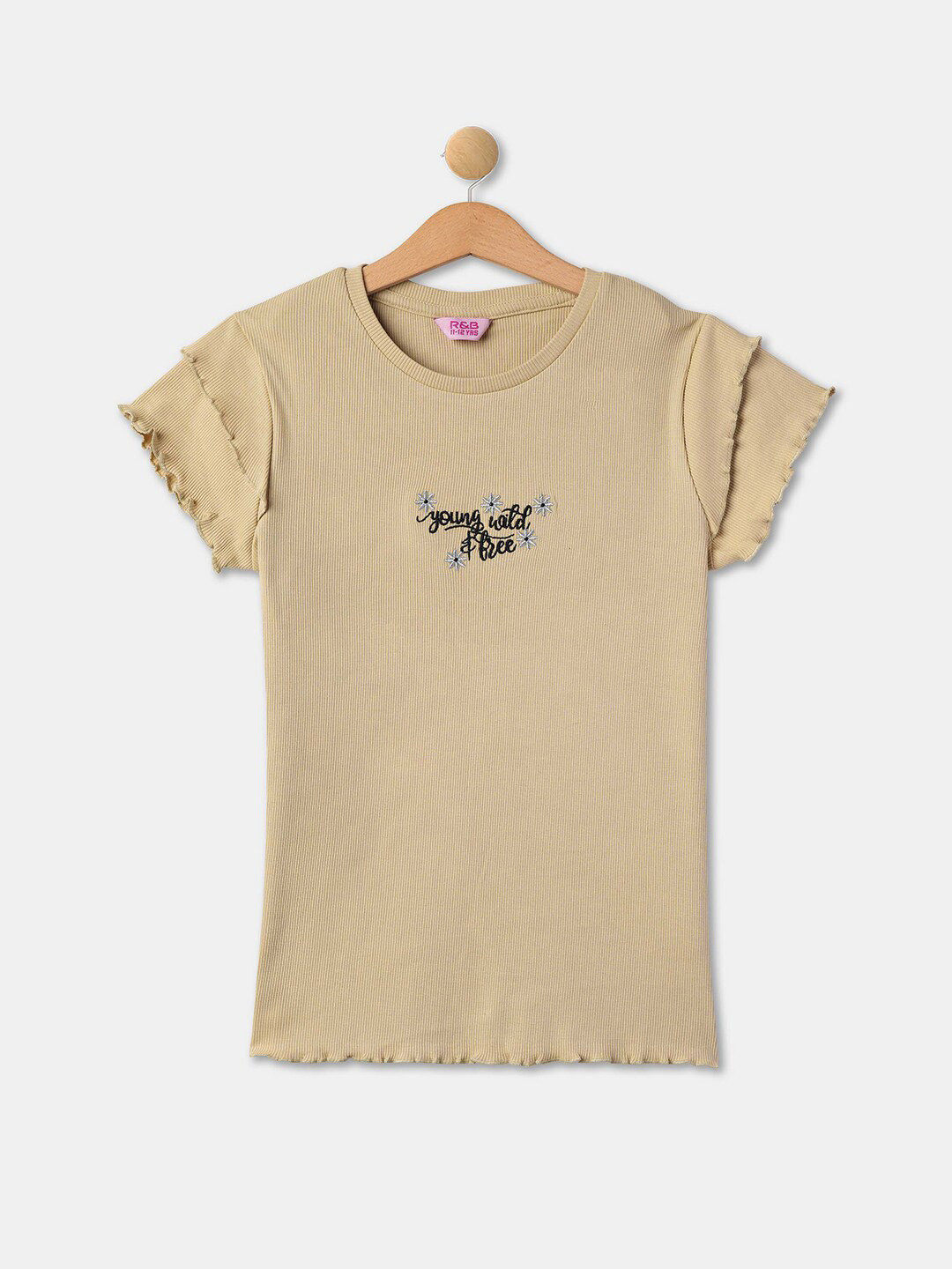 

R&B Girls Round Neck embroidered Pure Cotton Regular T-shirt, Beige