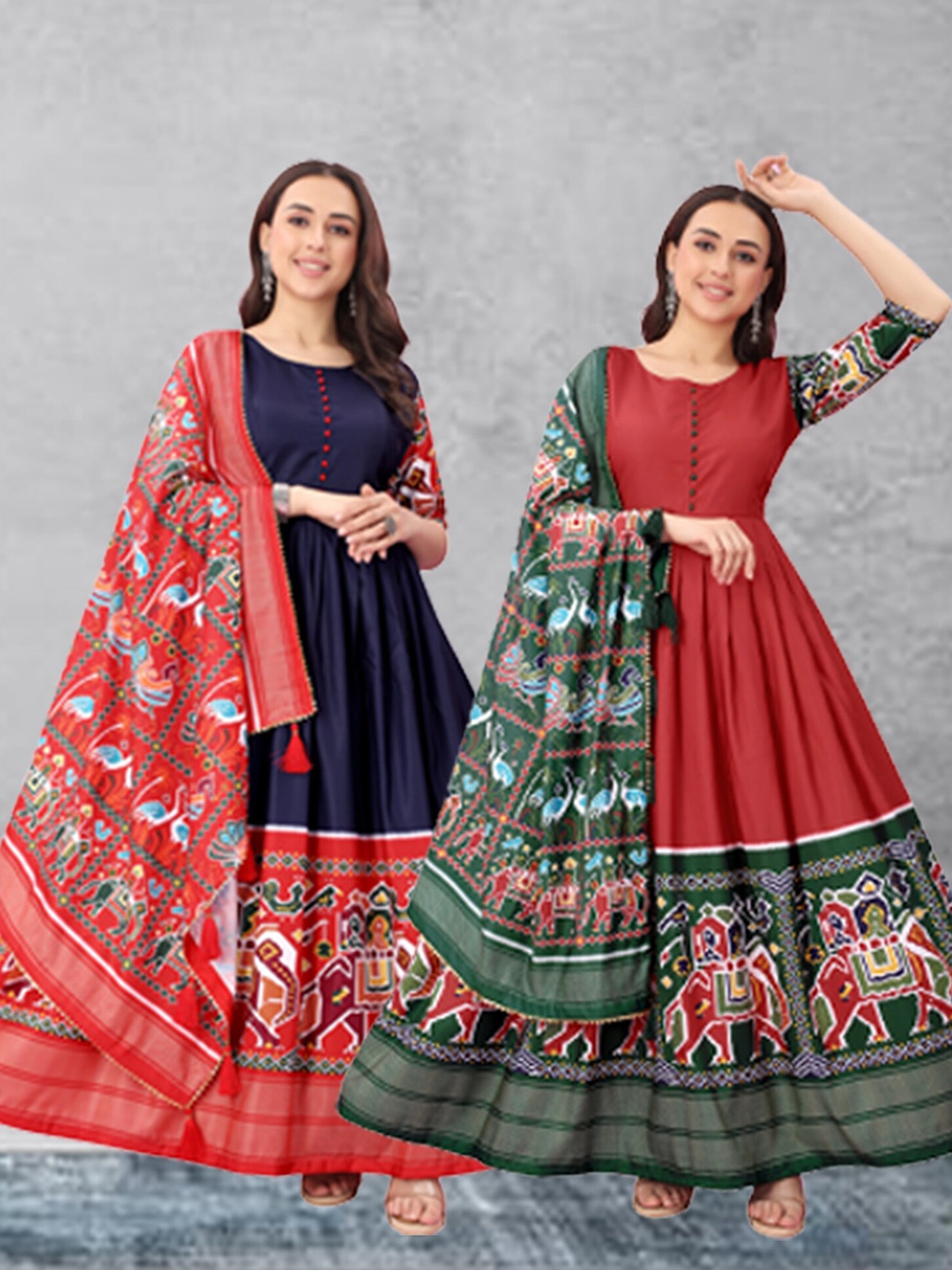 

N N ENTERPRISE A Selection of 2 Ethnic Motif Printed Pleated Anarkali Kurta With Dupatta, Blue