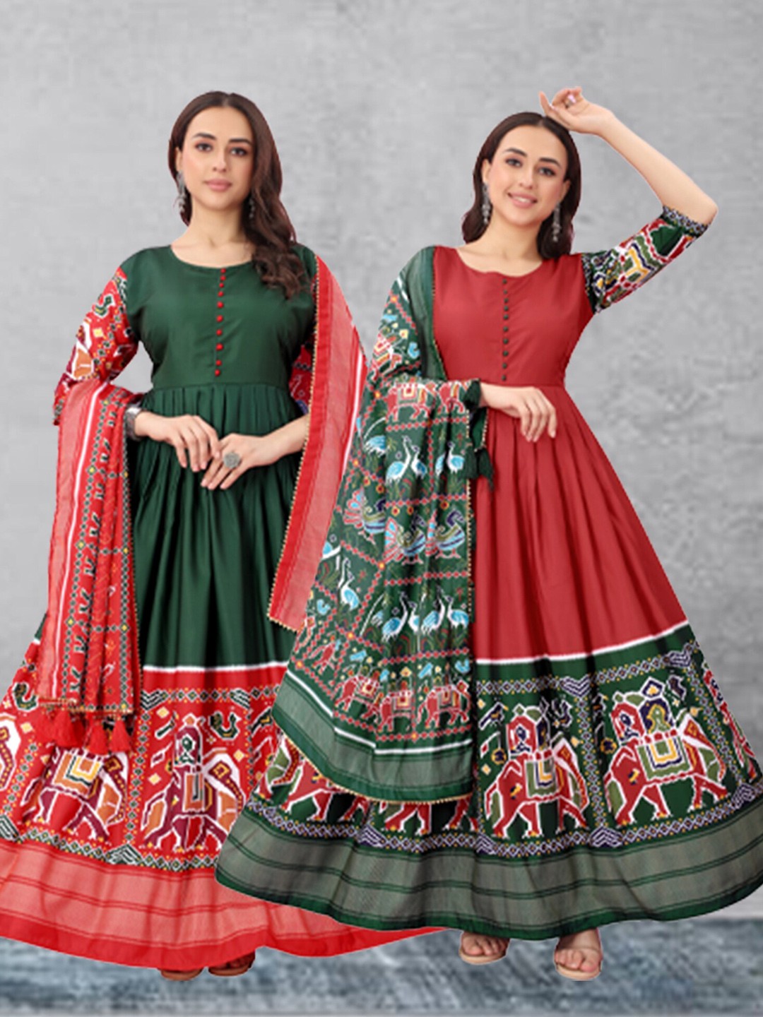 

N N ENTERPRISE A Selection of 2 Ethnic Motif Printed Pleated Anarkali Kurta With Dupatta, Green