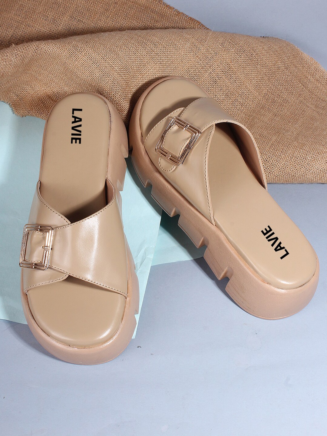 

Lavie Buckled Open Toe Flatform Heels, Beige