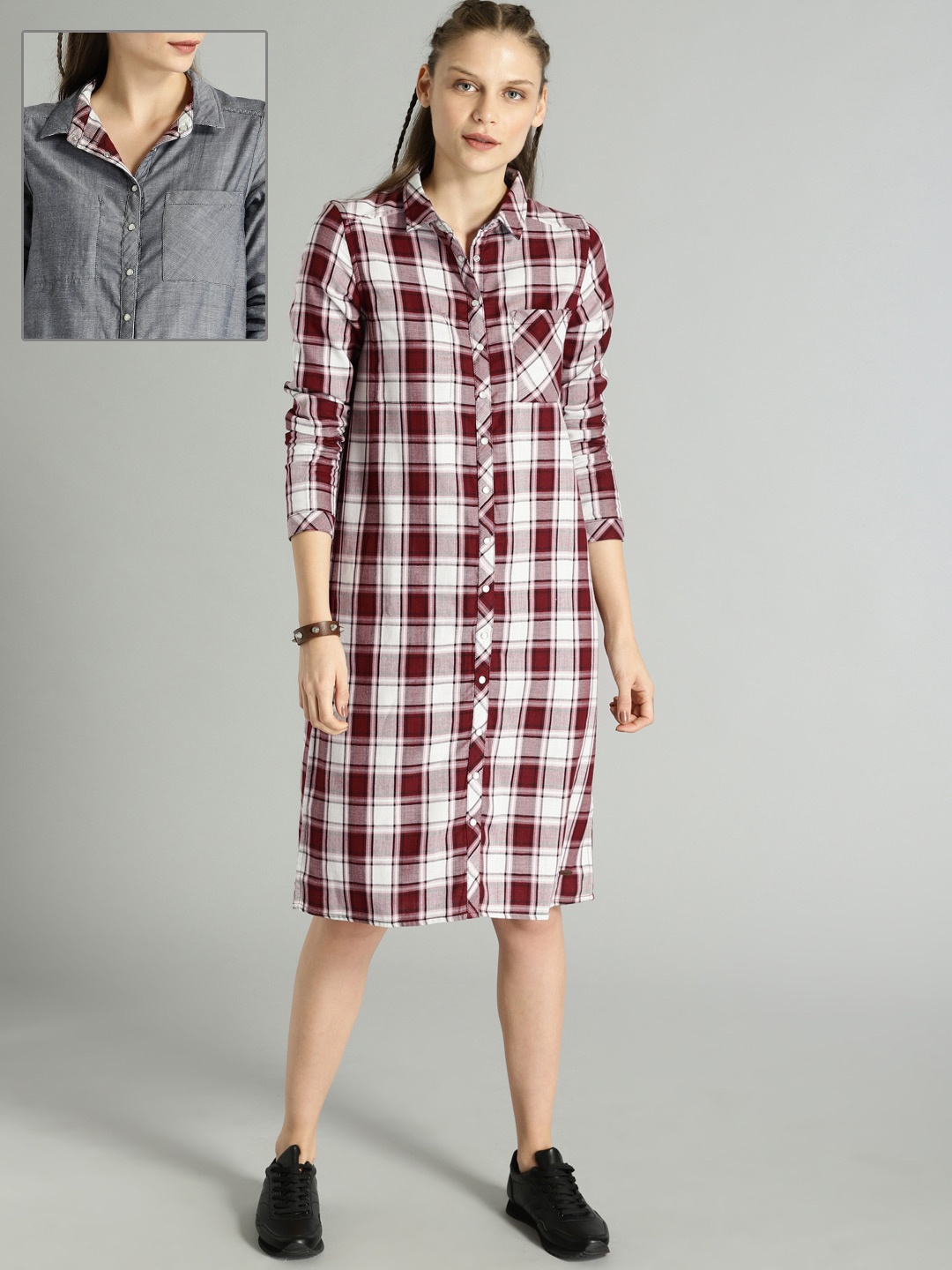 

Roadster Women Red & White Checked Reversible Shirt Dress