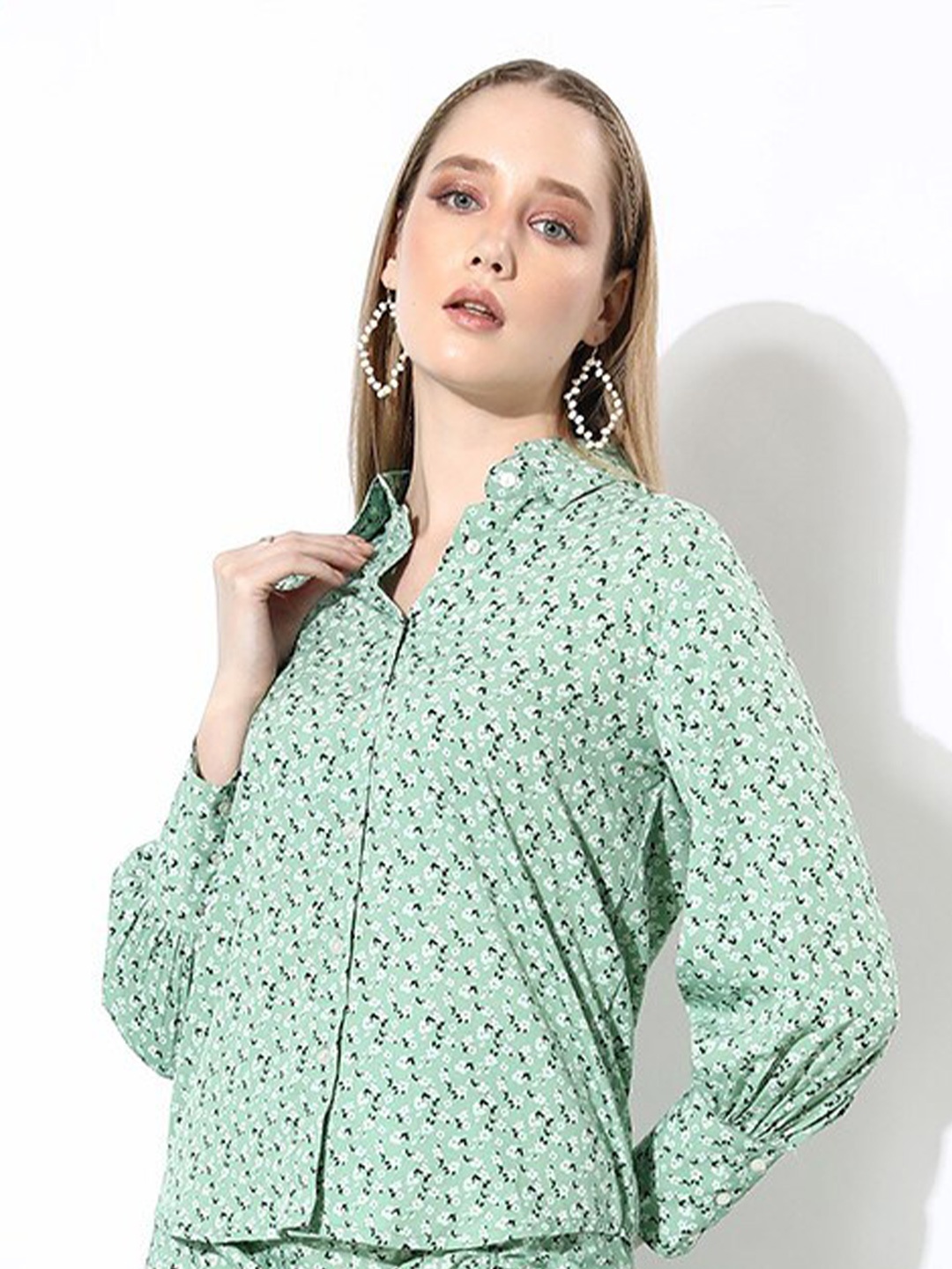 

ANVI Be Yourself Floral Printed Shirt Collar Gathered Crepe Shirt Style Top, Green
