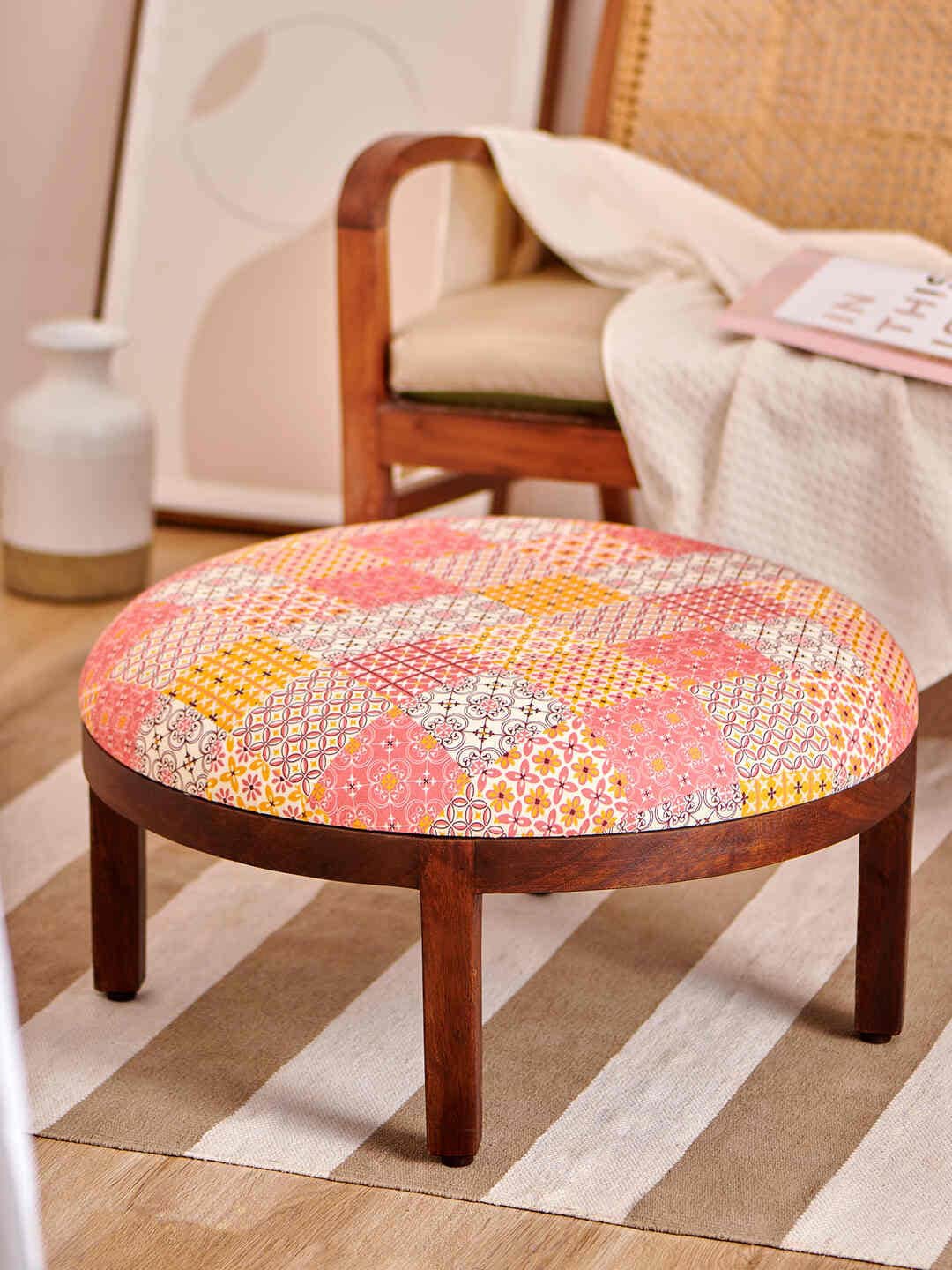 

Chumbak Brown & Pink Printed Round Shaped Leg Ottoman