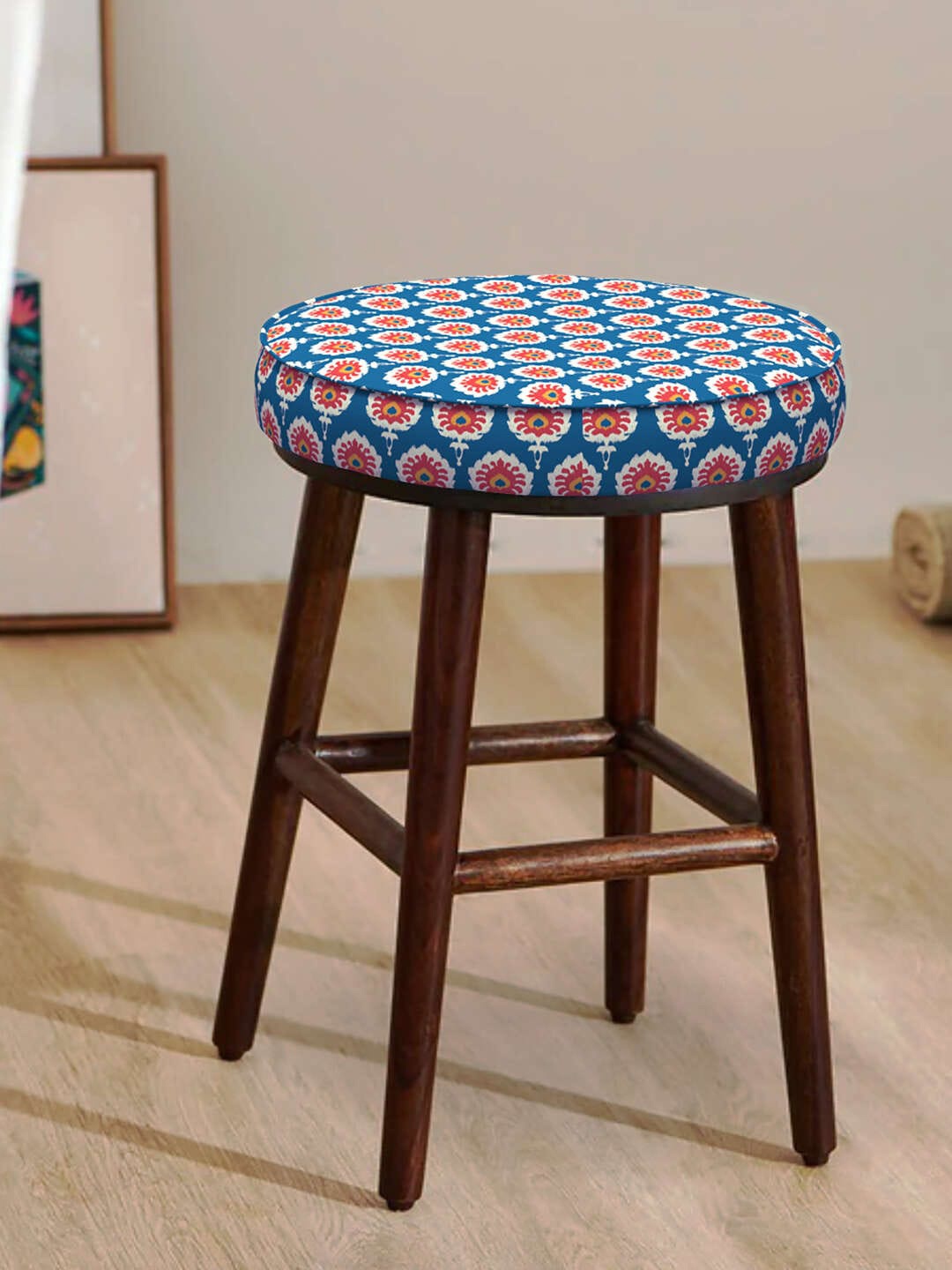 

Chumbak Blue & Orange Printed Round Ottomans