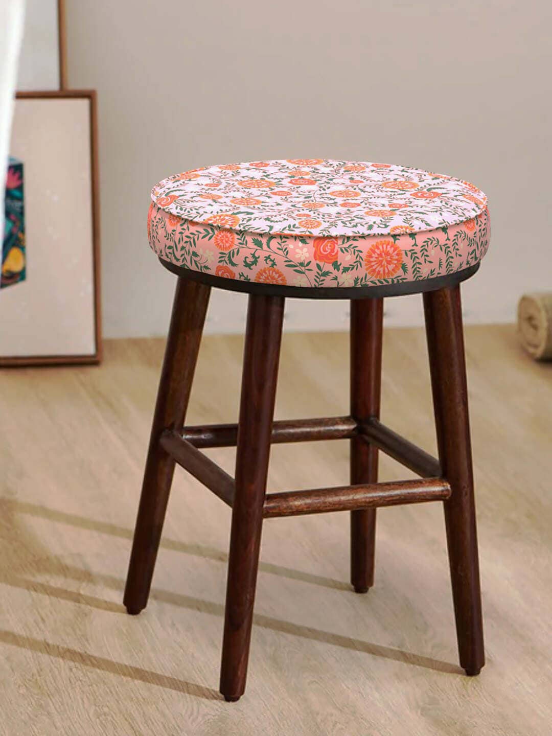 

Chumbak Peach-Colored & Blue Floral-Printed Round Ottomans