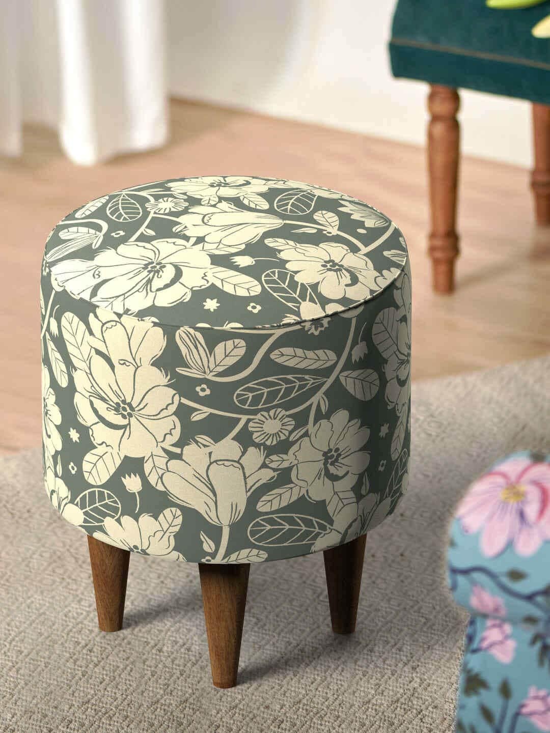 

Chumbak Green & White Floral-Printed Round Ottoman, Grey