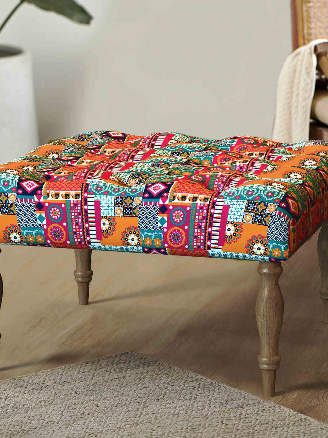 

Chumbak Red & Blue Ethnic Motifs Printed Square Ottoman