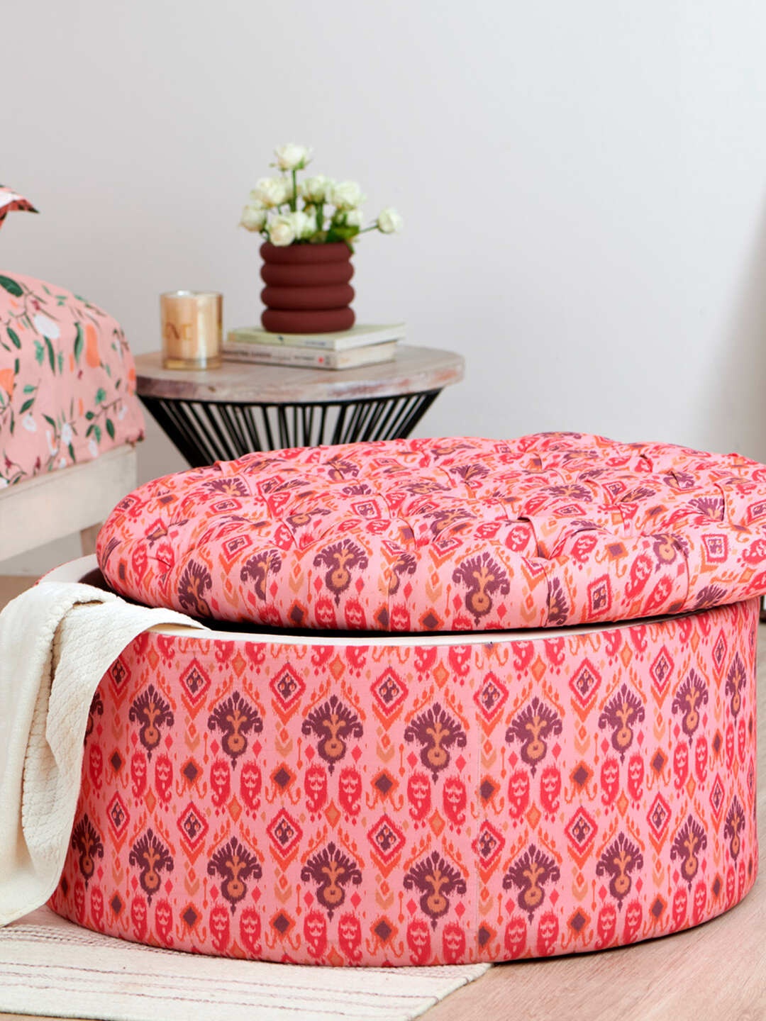 

Chumbak Bohemian Peach-Colored & Blue Printed Round Ottoman