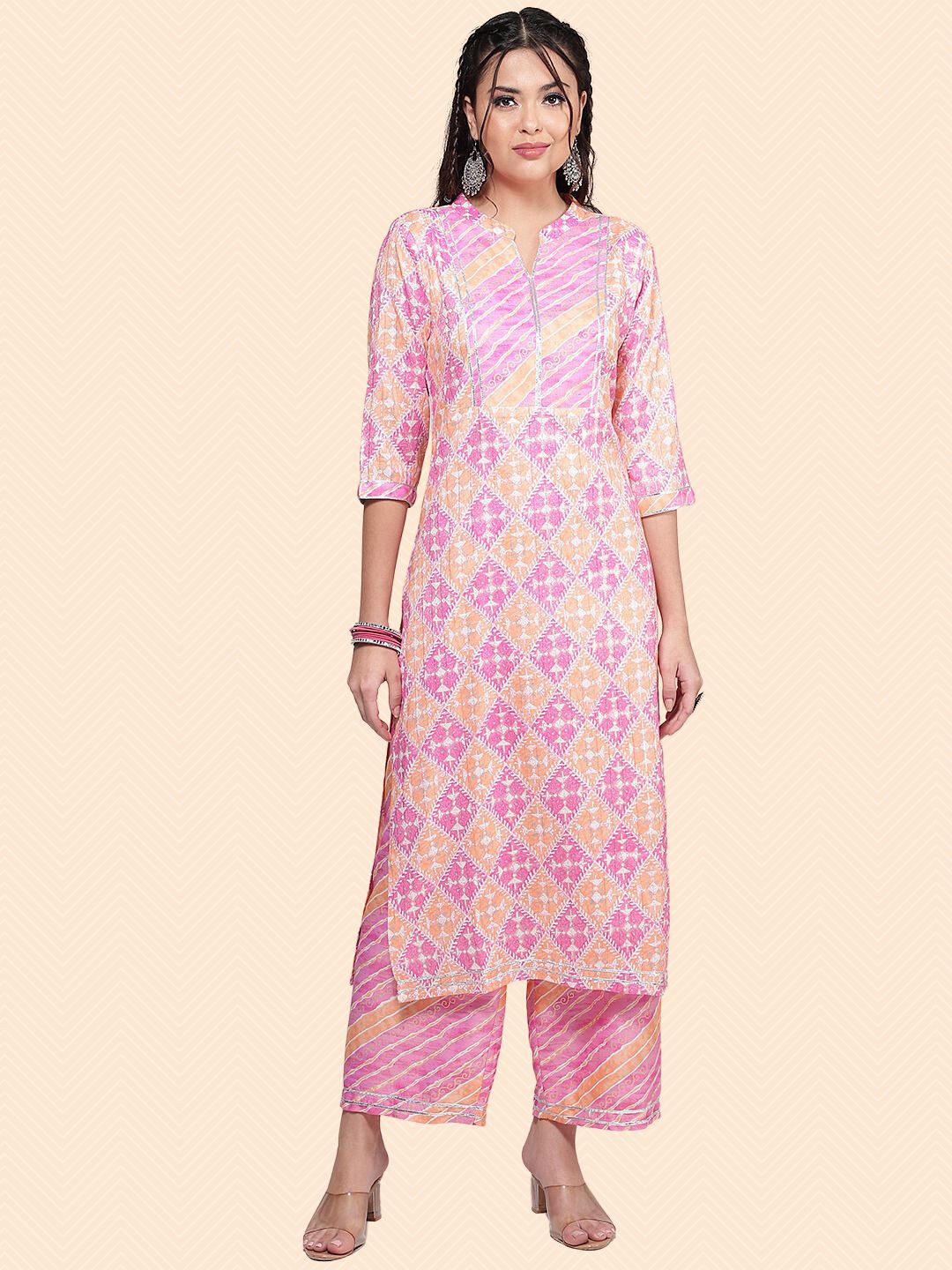 

HERE&NOW Ethnic Motifs Printed Gotta Patti Kurta With Trousers, Pink