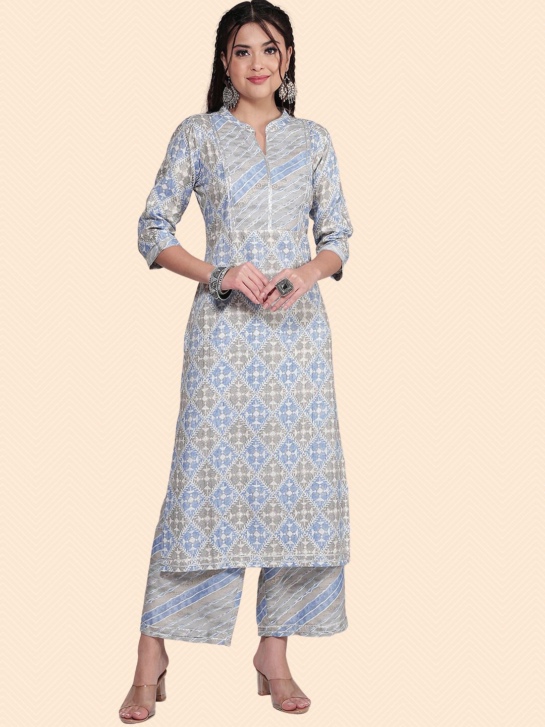 

HERE&NOW Printed Gotta Patti Kurta With Palazzos, Grey