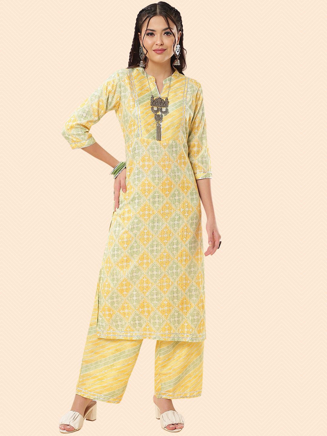 

HERE&NOW Printed Gotta Patti Kurta With Trousers, Yellow